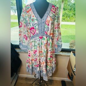 Kaktus Floral V-Neck Midi Dress with Blue Accents embellished Trim Size XXL